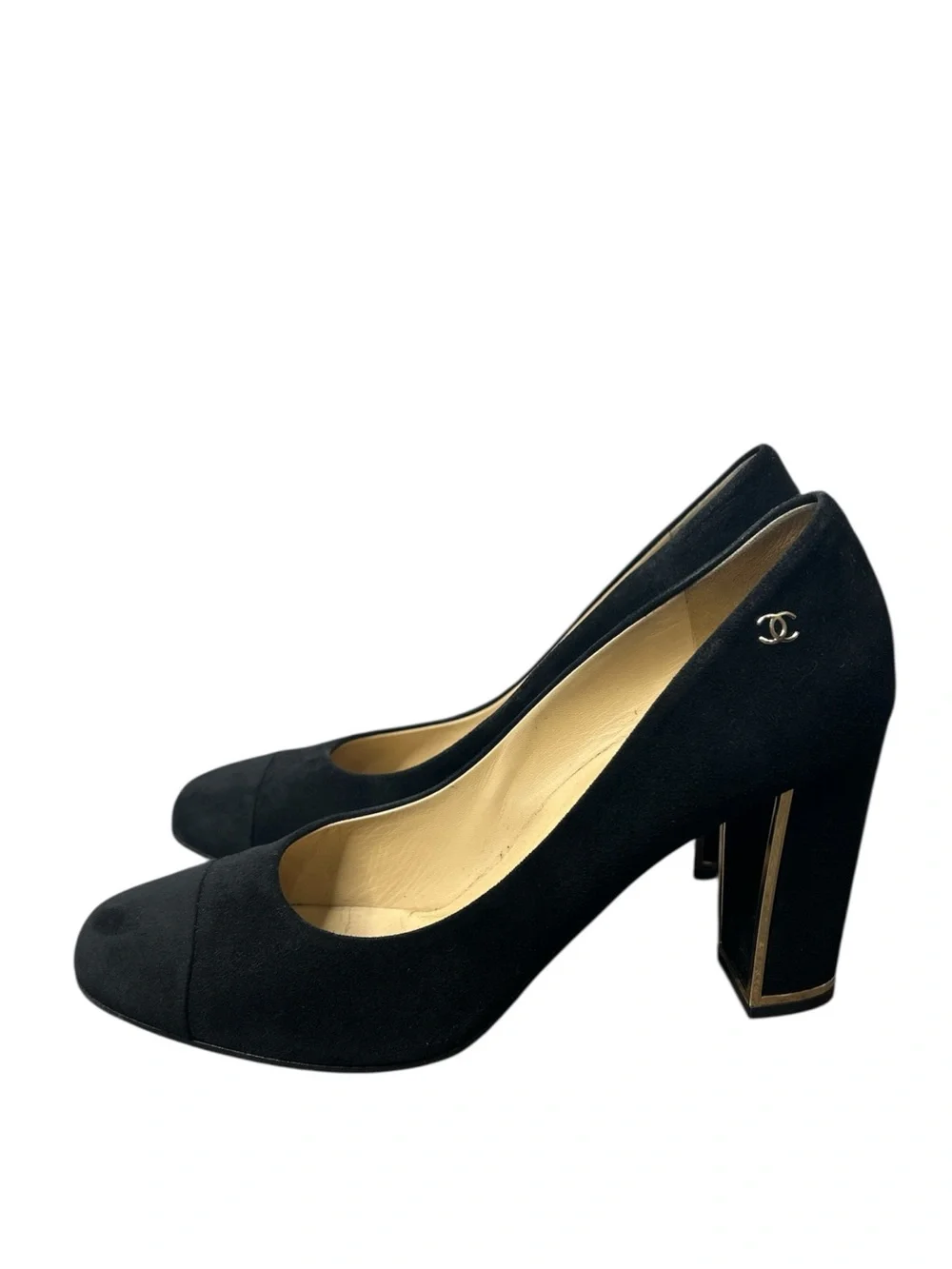 CHANEL Black Suede Cap Toe Pumps Heels CC Logo Gold Trim Size 40.5C Luxury